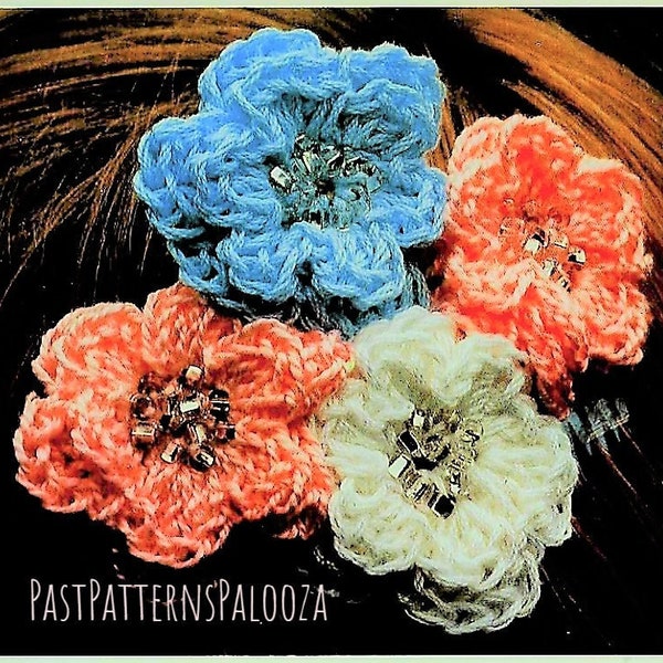 Vintage Crochet Pattern Small Beaded Flowers Hair Pin Ornaments or Applique Motifs PDF Instant Digital Download Single Blooms Cotton Thread