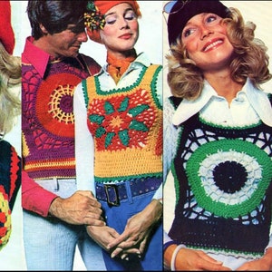 Vintage 1970s Crochet Pattern Retro Womens Mens Rib Ticklers Granny Square Tank Top Vests PDF Instant Digital Download Retro Groovy 10 Ply