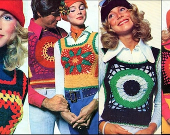 vintage des années 1970 au crochet motif rétro femmes hommes côtes tickler grand-mère carré débardeur gilets PDF téléchargement numérique instantané rétro groovy 10 plis