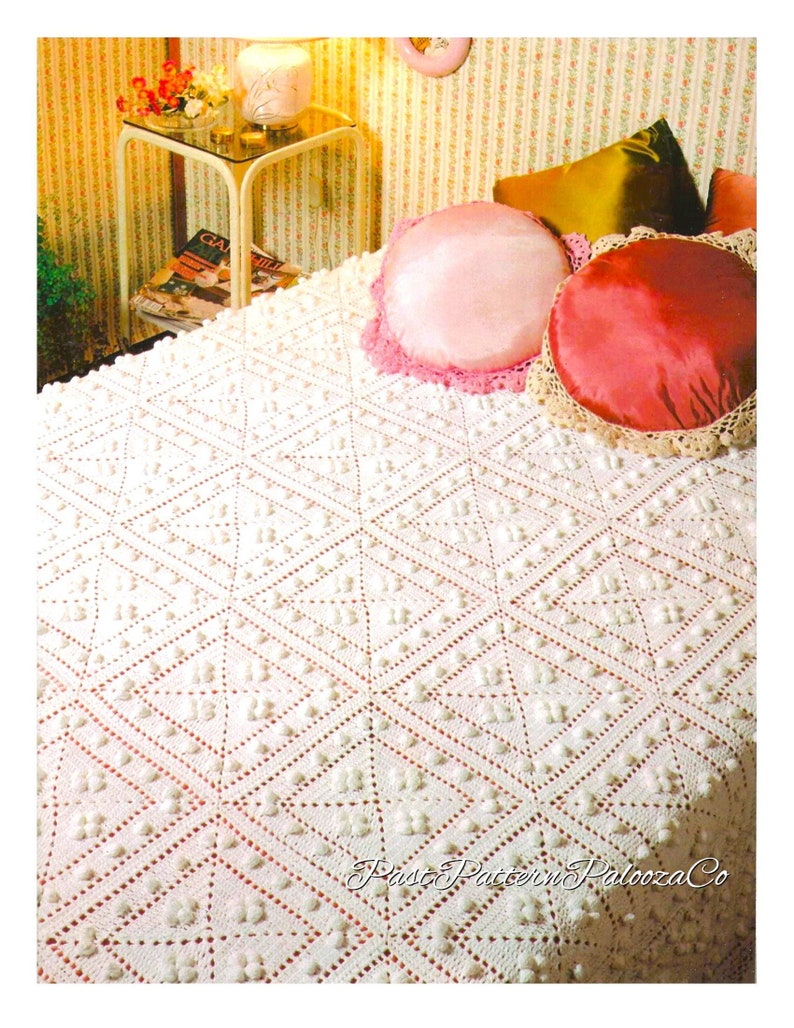 Vintage Crochet Pattern Bobbled Bedspread Afghan Popcorn Stitch Squares ...