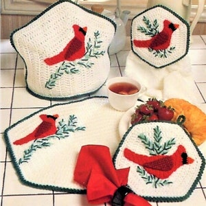Vintage Crochet Pattern Christmas Cardinal Kitchen Set 4 Pc PDF Instant Digital Download Tea Cosy Place Mat Pot Holder Towel Topper 10 Ply
