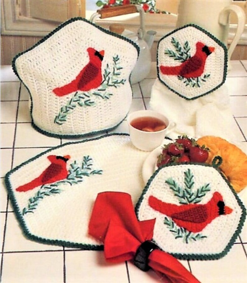 Vintage Crochet Pattern Christmas Cardinal Kitchen Set 4 Pc PDF Instant Digital Download Tea Cosy Place Mat Pot Holder Towel Topper 10 Ply image 1
