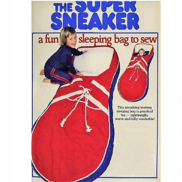 Vintage Sewing Pattern Kids Giant Sneaker Shoe Sleeping Bag PDF Instant Digital Download 1970s Large Cotton Fabric Running Shoe Design 71"