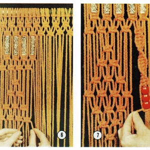May include: A step-by-step guide to making a macrame wall hanging using orange and brown cord. The instructions show how to add beads and decorative metal pieces to the hanging.