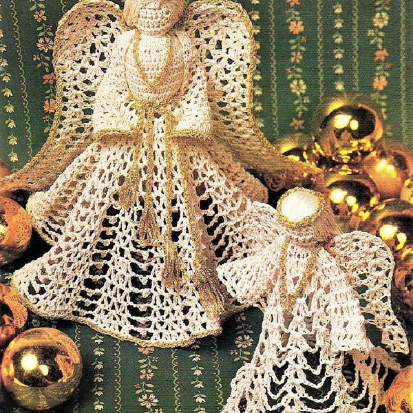 Vintage Crochet Pattern 6-9" Victorian Lace Christmas Angel Figures Centerpieces Ecru & Gold Brocade Thread PDF Instant Digital Download
