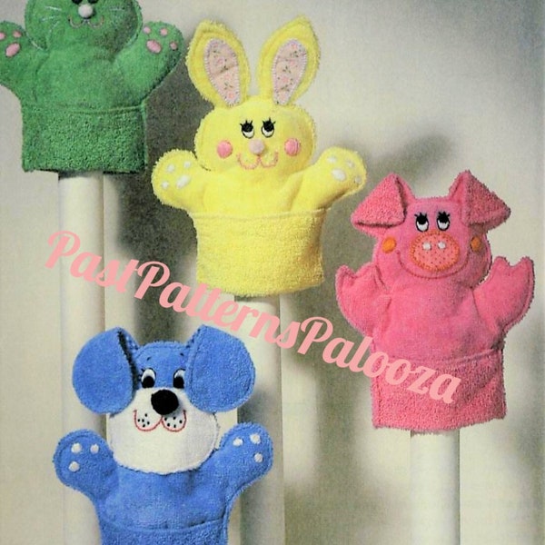 Vintage Sewing Pattern Velour Terrycloth Animal Washcloth Puppets PDF Instant Digital Download Cute Pig Bunny Puppy Kitty Cat