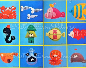 Vintage Sewing Pattern Mini Felt Fish Sealife Soft Dolls 12 Figures 2 -5 Inches PDF Instant Digital Download Crab Seahorse Squid and More