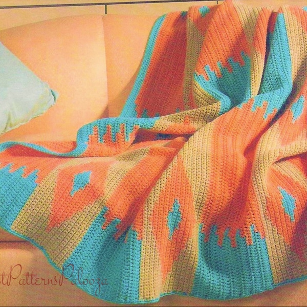 Vintage Crochet Afghan Pattern Southwestern Navajo Indian Blanket PDF Instant Digital Download Navajo Indian Geometric Diamonds Throw 10 Ply