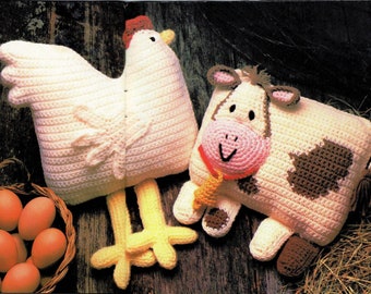 Vintage Crochet Pattern 9" Country Barnyard Animal Pillows Chicken Cow Cushion PDF Instant Digital Download Hen Farmhouse Chic 4 Ply