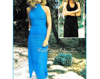 Vintage Crochet Pattern Retro Womens Halter Cami Top & Skirt Set and Halter Maxi Dress PDF Instant Digital Download Two Boho 70s Designs DK