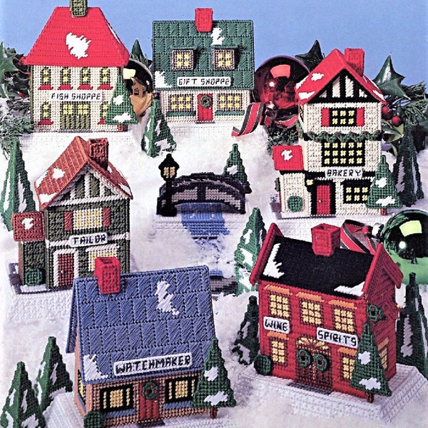 Vintage Plastic Canvas Patterns Victorian Christmas Shopping Village PDF Instant Digital Download Holiday Olde Shoppes Town 10 mesh