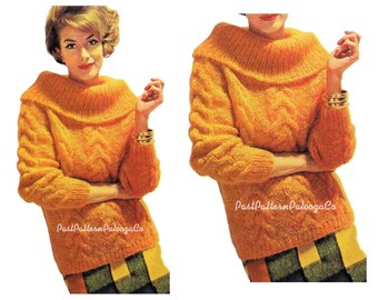 Vintage Knitting Pattern Womens Chunky Mod Cabled Sweater PDF Instant Digital Download Retro Boho Chic Wide Neck Mohair Jumper 12 Ply