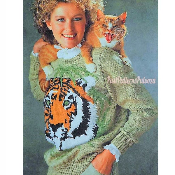 Vintage Knitting Pattern Womens Tiger Face Sweater PDF Instant Digital Download Retro Animal Motif Pullover Jumper DK