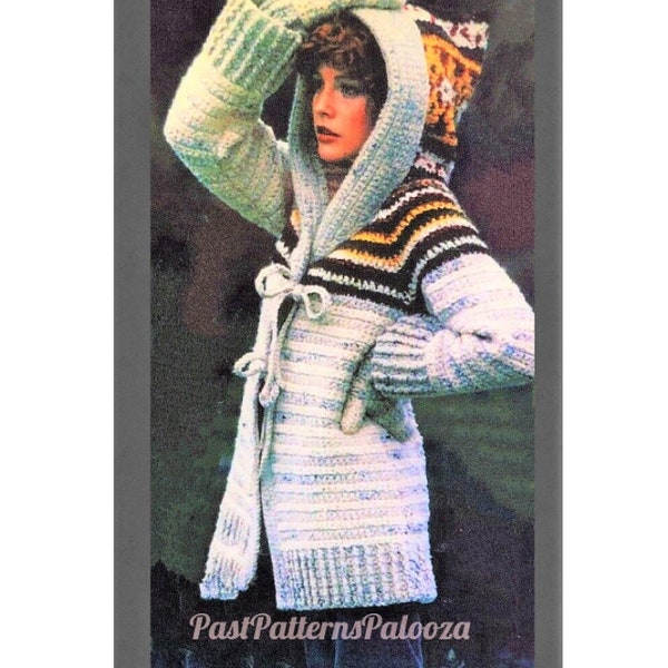 Vintage Crochet Pattern Womens Hooded Sweater Coat & Mittens Set PDF Instant Digital Download Retro Boho 1970s Chunky 12 Ply