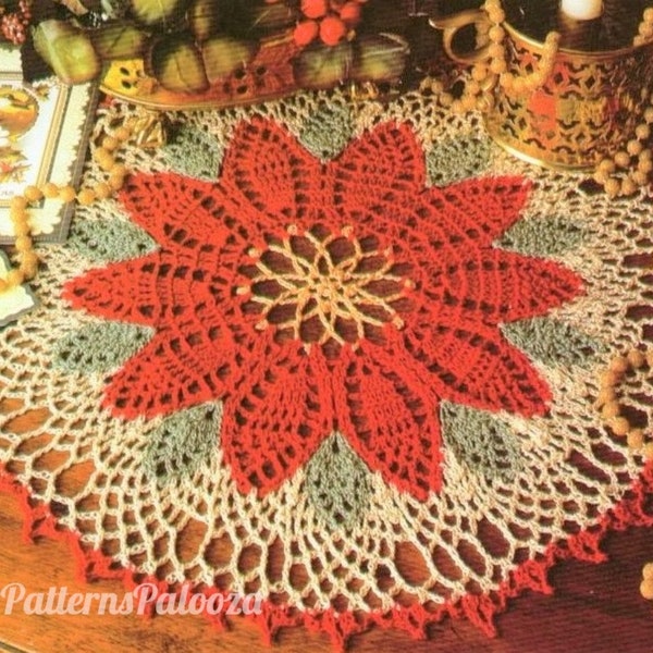 Vintage Crochet Pattern 16" Christmas Poinsettia Flower Doily Centerpiece Mat PDF Instant Digital Download Holiday Table Red Green Ecru