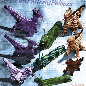 May include: A vintage crochet pattern for making a variety of stuffed animals, including dragons and caterpillars. The pattern includes instructions for making different colors and sizes of each animal. The pattern is titled "Past Patterns Palooza".