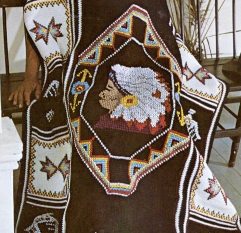 Vintage Crochet Afghan American Indian Blanket Pattern PDF Instant Digital Download Indian Chief Head Throw 4 Ply afbeelding 3