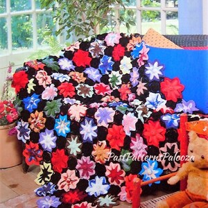 Vintage Crochet Pattern Gothic Flower Bed Afghan PDF Instant Digital Download Pretty Floral Motif Blanket Black Background 63x77 10 Ply