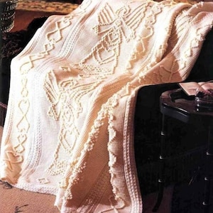 Vintage Crochet Pattern Heavenly Angels Hearts Paneled Afghan PDF Instant Digital Download Puffy Bobble Picots & Tunisian Stitch 10 Ply