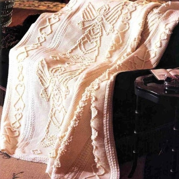 Vintage Crochet Pattern Heavenly Angels Hearts Paneled Afghan PDF Instant Digital Download Puffy Bobble Picots & Tunisian Stitch 10 Ply