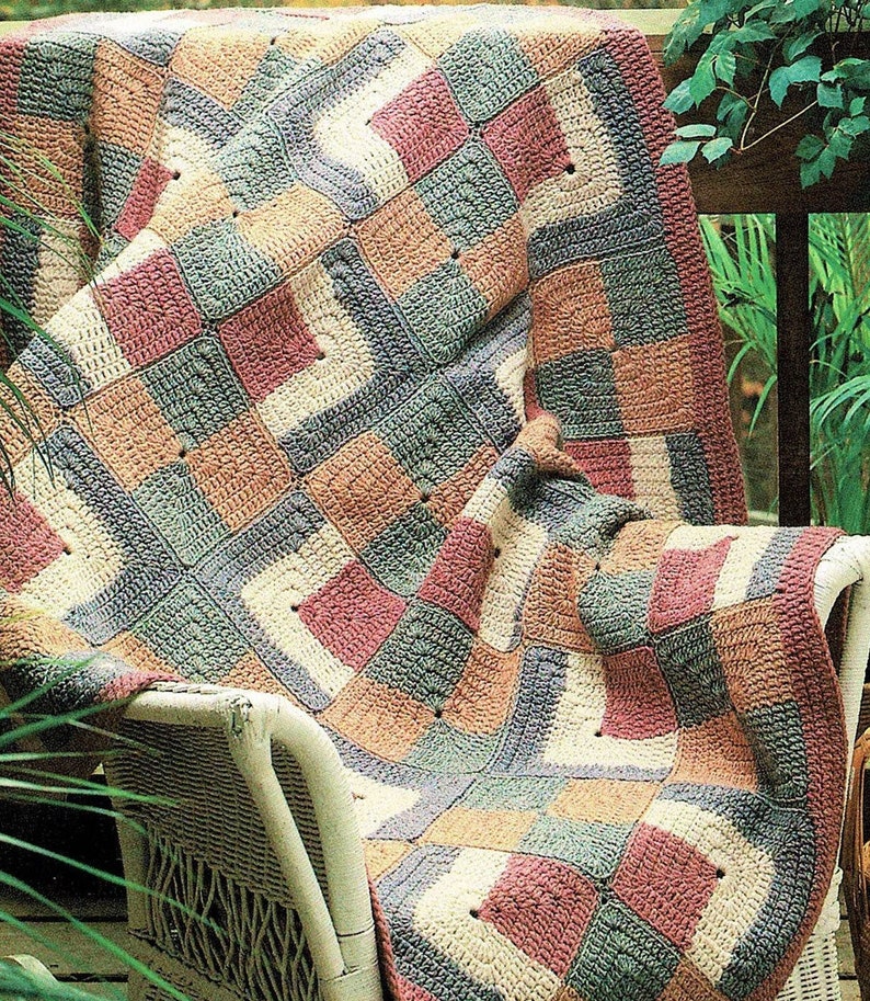 Vintage Crochet Pattern Beautiful Log Cabin Squares Afghan PDF Instant Digital Download Patchwork Quilt Blocks Design Blanket 48x64 10 Ply image 2