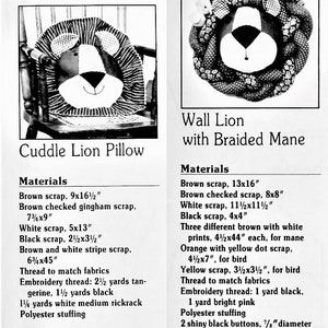 Vintage Sewing Pattern Cute Fabric Lion Head Pillow and Wall Hanging PDF Instant Digital Download Jungle Safari Nursery Childs Room Decor image 4