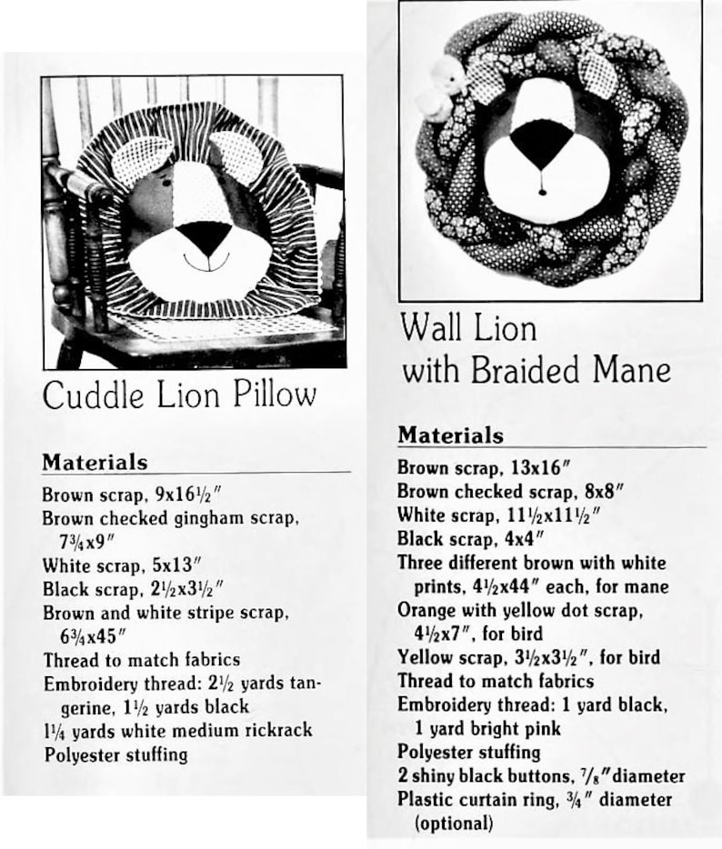 Vintage Sewing Pattern Cute Fabric Lion Head Pillow and Wall Hanging PDF Instant Digital Download Jungle Safari Nursery Childs Room Decor image 4
