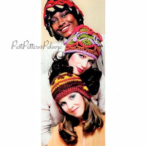 May include: Three women wearing crocheted hats. The hats are in different colours and patterns. The woman at the front is wearing a red, brown and yellow striped hat. The woman in the middle is wearing a green, purple and brown hat with a floral design. The woman at the back is wearing a red, black and white hat with a geometric design. The text "Past Patterns Palooza" is visible in the image.