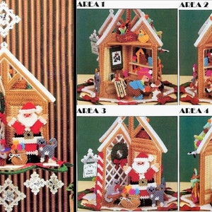 May include: A plastic canvas Christmas village kit with four different areas to assemble. The kit features a Santa Claus figure, a Christmas tree, and other festive decorations. The kit is designed to be a fun and creative project for crafters of all skill levels.