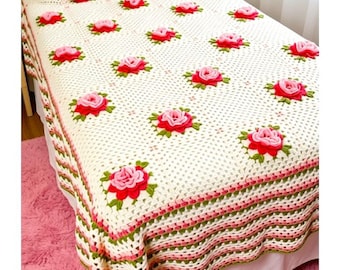Vintage Crochet Pattern Classic Roses Bedspread Afghan PDF Instant Digital Download Flower Granny Square Throw Coverlet DK