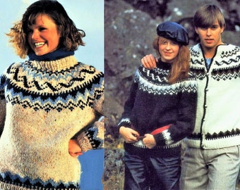 Vintage Knitting Pattern Nordic Icelandic Knit Wool Sweaters Pullover & Cardigan Curled Ribbon Motif PDF Instant Digital Download Fair Isle