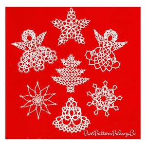 May include: Seven white lace ornaments on a red background. The ornaments are shaped like a star, a tree, a snowflake, an angel, and a bell. The text "PastPatternPaloozaCo" is in the bottom right corner.