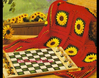 Vintage Crochet Pattern Bright Sunflowers Motif Granny Squares Afghan PDF Instant Digital Download Sun Flower Blanket 44x54 10 Ply
