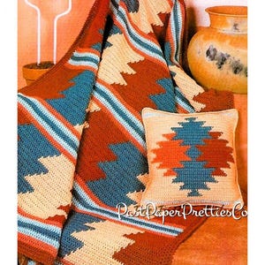 Vintage Crochet Afghan Pattern Southwestern Desert Sunset Blanket & Pillow Set PDF Instant Digital Download Navajo Indian Design 10 Ply