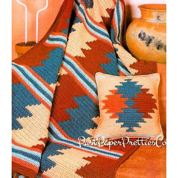 Vintage Crochet Afghan Pattern Southwestern Desert Sunset Blanket & Pillow Set PDF Instant Digital Download Navajo Indian Design 10 Ply