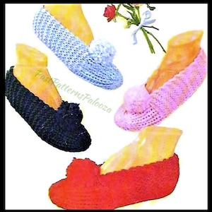 Vintage Crochet & Knitting Patterns Easy Quick Pompom Slippers Retro Cuddle Mocs PDF Instant Digital Download Family House Slippers 10 Ply