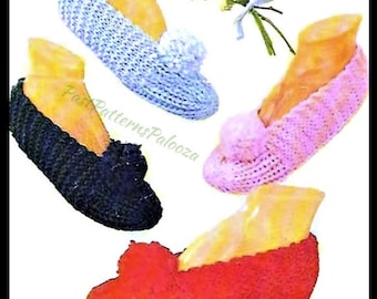 Vintage Crochet & Knitting Patterns Easy Quick Pompom Slippers Retro Cuddle Mocs PDF Instant Digital Download Family House Slippers 10 Ply