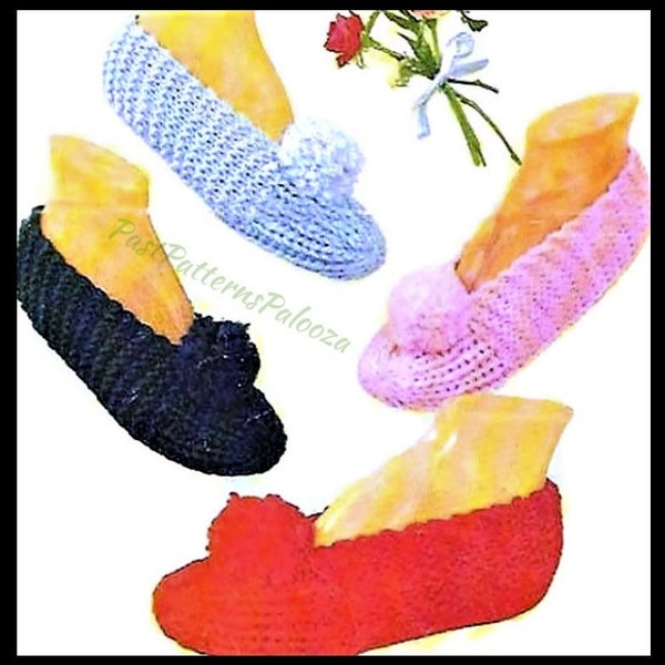 Vintage Häkel- & Strickmuster, einfach gehäkelte Hausschuhe mit Pompom Retro Cuddle Mocs PDF Sofort-Download