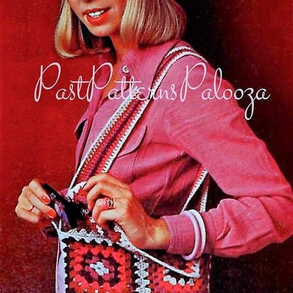 Vintage Crochet Pattern Womens Retro Granny Square Head Bandeau & Handbag Set PDF Instant Digital Download Hippie Boho Headband Purse 4 Ply