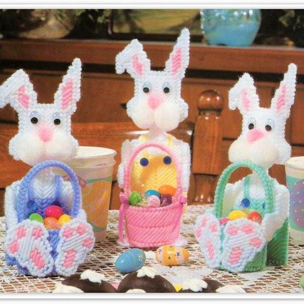 Vintage Plastic Canvas Pattern 5" Jelly Bean Bunny Baskets Easter Treat Cups PDF Instant Digital Download Chocolate Egg Holders