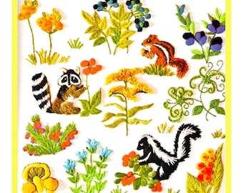 Vintage Crewel Embroidery Pattern Woodland Animals Berries Flower Blossoms Forest Friends Stitchery PDF Instant Digital Download