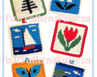 Vintage Crochet Pattern Retro Picture Pot Holders PDF Instant Digital Download Flowers Sailboat Butterfly House Potholders Easy Beginners