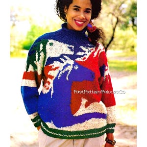 May include: A long-sleeved knit sweater featuring a high collar and a multi-colored intarsia pattern of horses in blue, red, white, and green. The text PastPatternPalooza.Co is printed in white across the center of the sweater.