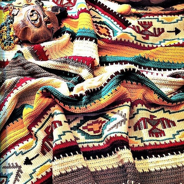 Vintage Crochet Afghan Indian Blanket Pattern PDF Instant Digital Download Navajo Southwestern Aztec Tunisian Stitch 50x70 10 Ply