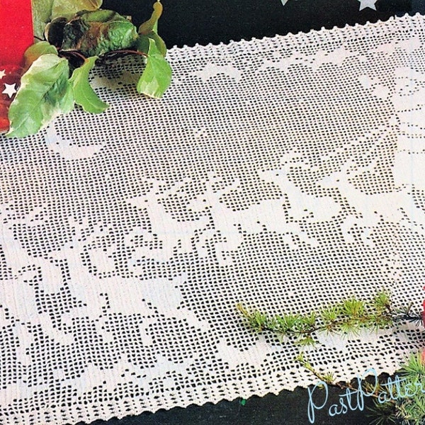 Vintage Filet Crochet Pattern Night Before Christmas Table Runner Centerpiece PDF Instant Digital Download Santa Sleigh Reindeer Design