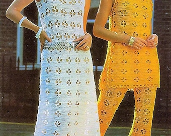 Vintage Crochet Pattern Womens Summer Maxi Dress and Tunic Pantsuit Outfits PDF Instant Digital Download Retro Boho 70s Flower Eyelet Lace