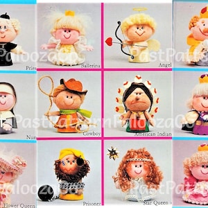 May include: A collection of 18 felt doll patterns featuring various characters, including a drummer, priest, ballerina, angel, king, soldier, primitive, nun, cowboy, American Indian, prince, pirate, dwarf, flower queen, prisoner, star queen, princess, and thief.