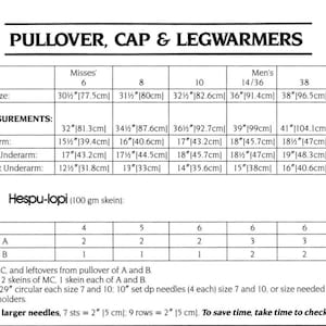 May include: A knitting pattern chart for a pullover, cap, and leg warmers. The chart includes sizes for misses and men, and lists the yarn needed, which is Alafoss lopi Hespu-lopi (100 gm skein). The chart also includes the number of skeins needed for each size and color.