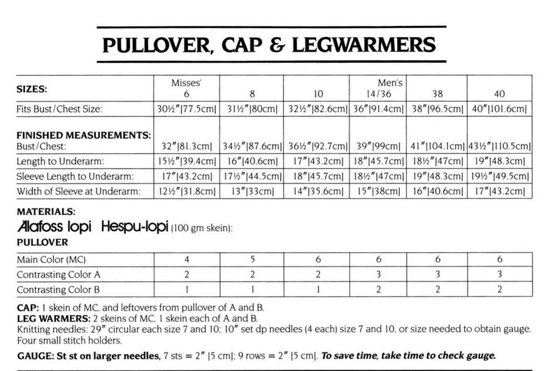 May include: A knitting pattern chart for a pullover, cap, and leg warmers. The chart includes sizes for misses and men, and lists the yarn needed, which is Alafoss lopi Hespu-lopi (100 gm skein). The chart also includes the number of skeins needed for each size and color.