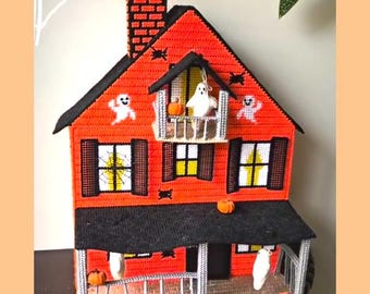 Vintage Plastic Canvas Pattern Large 19" Halloween Haunted Mansion Dollhouse PDF Instant Digital Download Ghost Family Interactive Playset
